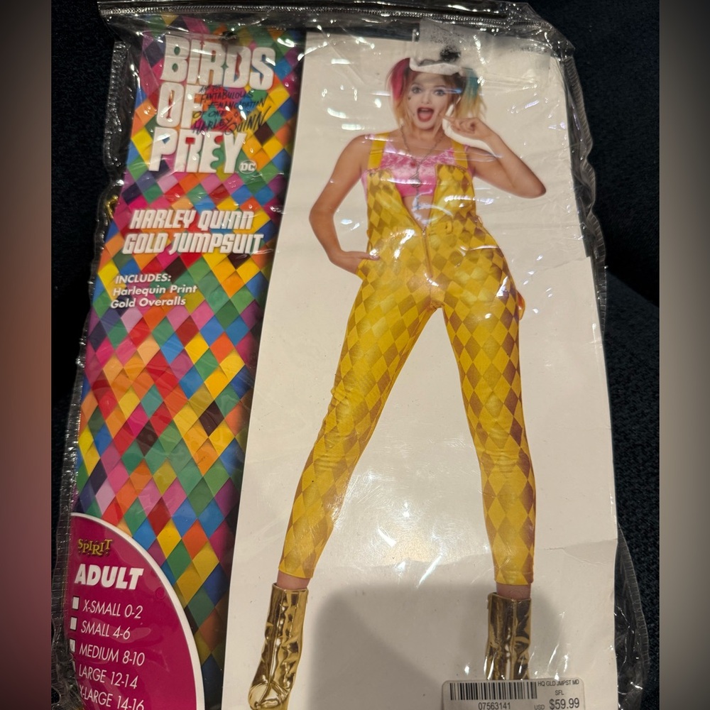 Harley Quinn Birds of Prey Overall Jumpsuit Zip Yellow Gold Diamonds Pockets